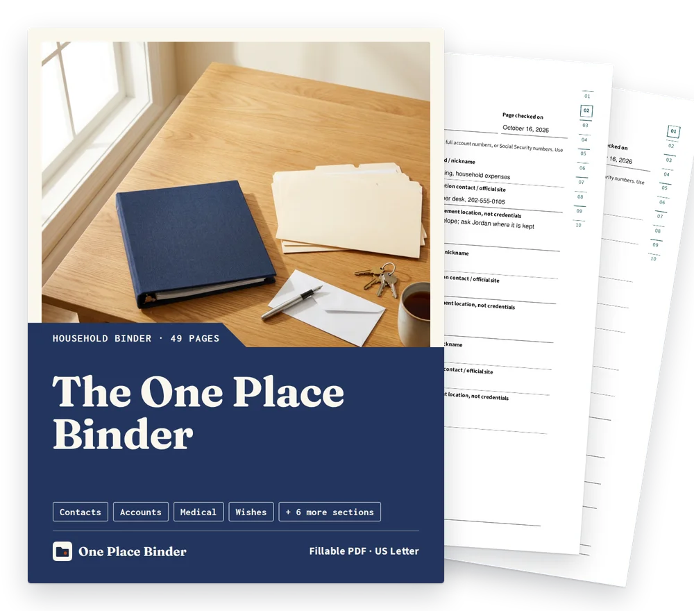 The One Place Binder cover with two filled sample pages behind it